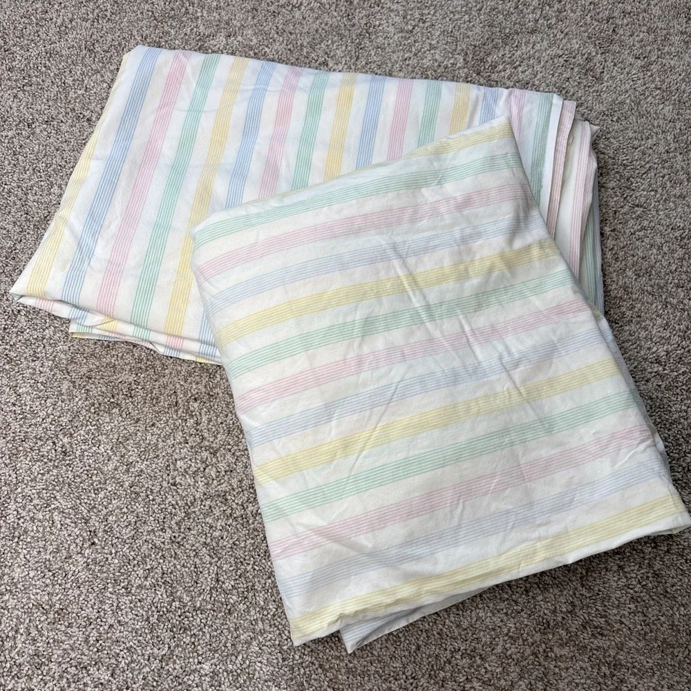 Vtg Fieldcrest Twin Flat Fitted Sheet Set Pastel Candy Stripe Mitered Corners